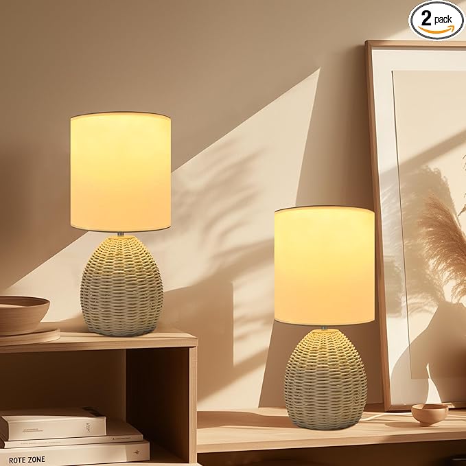 Boho Rattan Table Lamp Bedside - 3 Color Temperature Handmade Bamboo Woven Lamp for Nightstand Living Room (Original Color, 2 Pack)