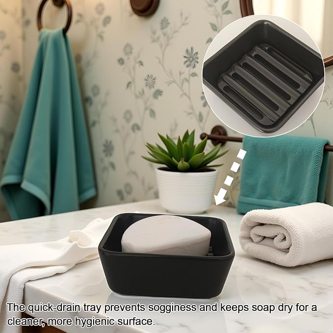 Ceramic Soap Dish with Drainer, Square Soap Holder for Bathroom, Shower, Kitchen Sink - Soapbox Saver Tray Dr. Squatch Bar Container Keeps Dry, Easy to Clean, Compact & Stylish (1, Black)