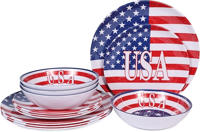Melamine Dinnerware Sets 12 Pcs Independence Day American Flag Melamine Dinner Plates, Dishes & Bowls Set for 4th July