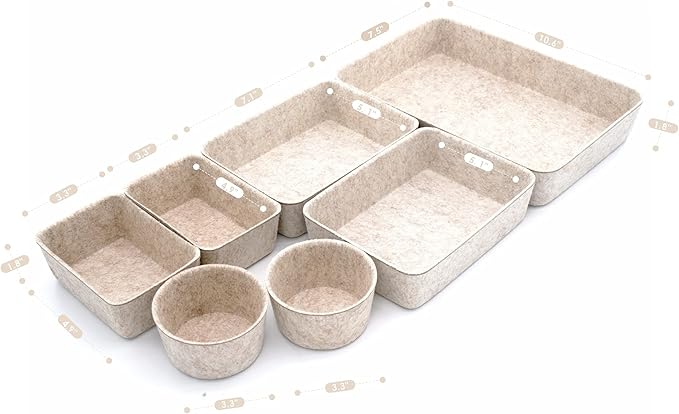 Welaxy Drawer organizers Felt storage bins office Desk Draw dividers wabi-sabi Nordic Natural Scandinavian-chic style beige hygge design catchall tray 7-Piece back to school (Oatmeal)