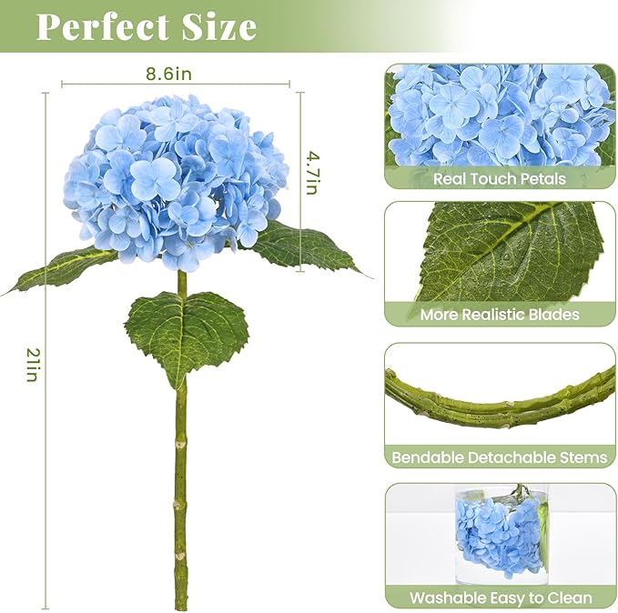 MARTINE MALL 4Pcs 21in Hydrangea Artificial Flowers, Latex Real Touch Hydrangeas Lifelike Large Hydrangea Flowers for Home Decor Party Arrangements Wedding Bouquets Centerpieces (Blue)