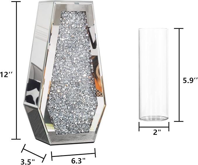 Crushed Diamond Mirror Vase Silver Flower Vases for Decor Bling Crystal Glass Vase for Room Decor, 12 Inches (Can Hold Water)