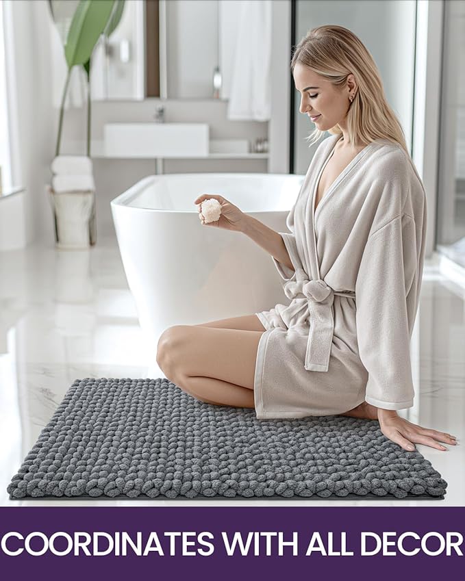 DEXI Bathroom Rugs 17x30, Non Slip Washable Bath Mat, Luxury Chenille Super Absorbent Thick Bathmats for Shower Floor, Plush Fluffy Shaggy Carpet for Tub, Dark Grey