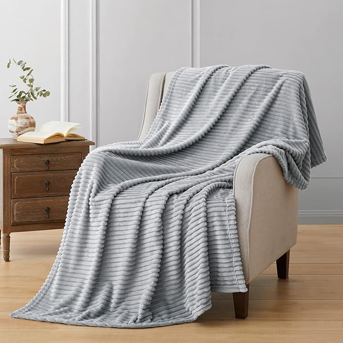 Vessia Flannel Fleece Light Grey Throw Blanket(50X70 Inch), 300GSM Warm and Soft Comfy Striped Bed Throw, Cozy Microfiber Ribbed Sofa Blanket for All Season