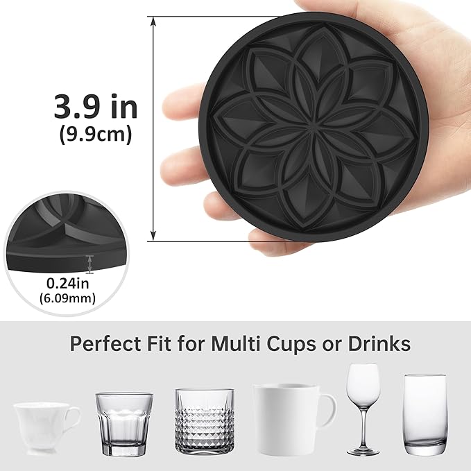 HFHOME Silicone Coasters Set for Drinks - 6 Pcs Cup Mat for Coffee Table, Desk, Bar - Home Decor Tabletop Protection Gift - Black