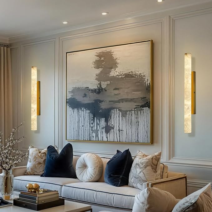 Brass Alabaster Wall Sconces, 36" Large Marble Wall Sconce, Hardwired Gold Wall Sconces Interior, Stone Wall Sconce Dimmable, Alabaster Wall Lamp for Living Room, Bathroom, Bedroom, Hallway-Upgraded