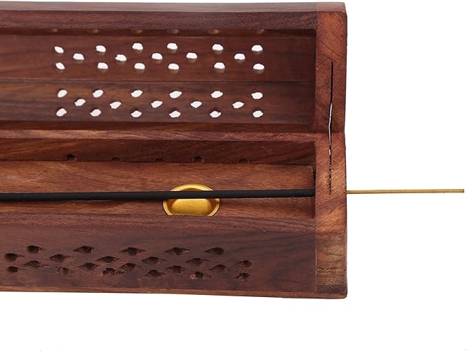 raajsee Beautiful Handmade Wooden Brown Incense Stick Holder Burner Storage Coffin Box - Ash Catcher with Brass Inlay -Home Utilities & Accessories -Meditation -Great Gift for Any Occasion 12x2 inch