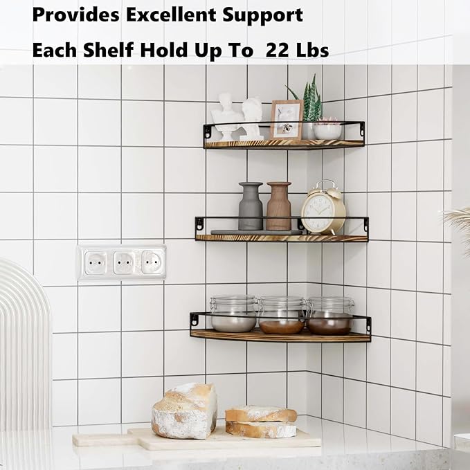 Corner Shelf Wall Mounted, Corner Floating Shelves for Wall, Wood Storage with Cable Hole for Kitchen Living Room Bedroom Bathroom, Dark Brown Set of 3