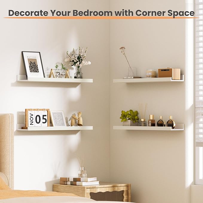 upsimples Floating Shelves for Wall, Wall Shelves for Decor Storage Set of 6, Wall Mounted Wood Shelves for Bedroom, Living Room, Bathroom, Kitchen, 23.6 inch Long Picture Ledge Shelves, White