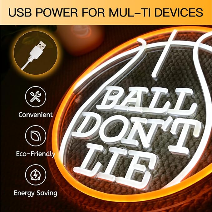Ball Don’t Lie Neon Sign, Basketball LED Light for Game Room, Man Cave, Bedroom, or Office, USB Powered, Dimmable, 13.3” Round Wall Decor Gift for Hoopers