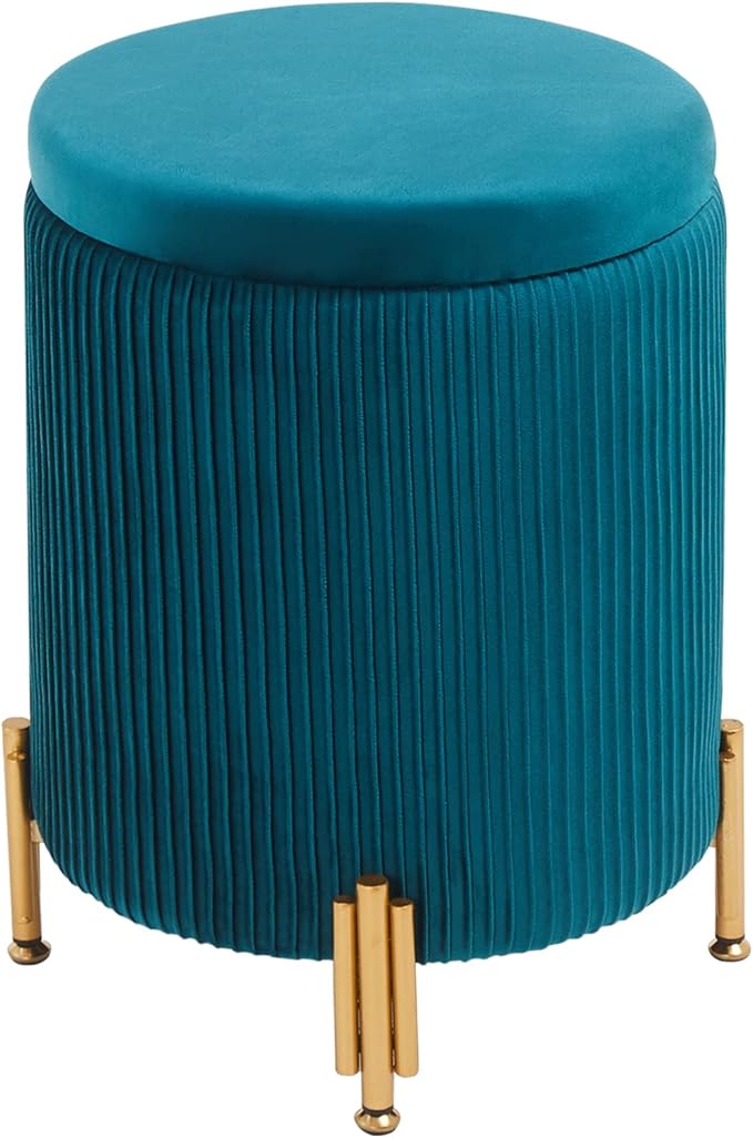 Mxfurhawa Round Ottoman Foot Stool with Storage and Metal Legs for Living Room Bedroom, Velvet Upholstered Footrest Stool Support 300lbs Modern Padded Seat Ottoman Coffee Table (Teal)