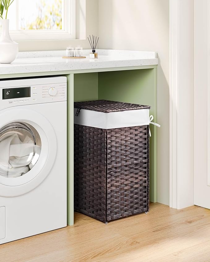 Greenstell Laundry Hamper with Lid, 125L Laundry Basket with 2 Removable Liner Bags & 2 Mesh Bags, Handwoven Synthetic Rattan Clothes Hamper for Clothes, Toys in Bathroom, Bedroom, Foldable, Brown