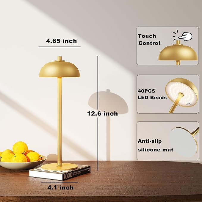 2 Pack Cordless Table Lamp, 5000mAh Portable Rechargeable Table Lamp, 3 Color Modes Stepless Dimming Table Light with Memory Function, for Dinner, Patio, Home, Restaurant.(Gold)