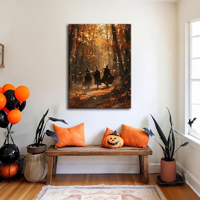 ILLBDR Halloween Canvas Wall Art Prints Creepy Witchy Silhouette Vintage Painting Poster Gothic Dark Moody Pictures Decor for Gallery Living Room Bedroom Bathroom 12x16 inch Framed