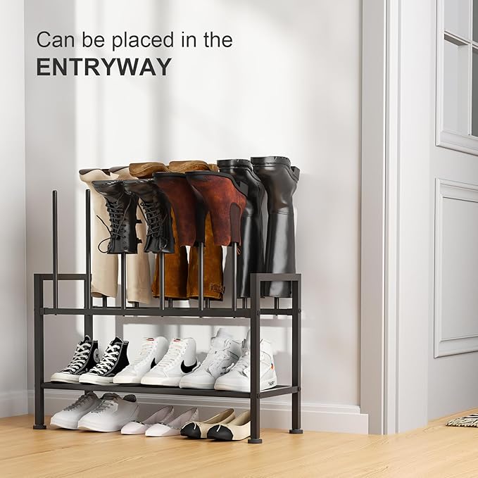 DIMJ Free Standing Shoe Racks - 3-Tier Boot Rack, Black Metal Storage Organizer for Tall Boots, Sneakers, Closet Organizer, Multiuse Shoe Rack, Fits 6 Pairs