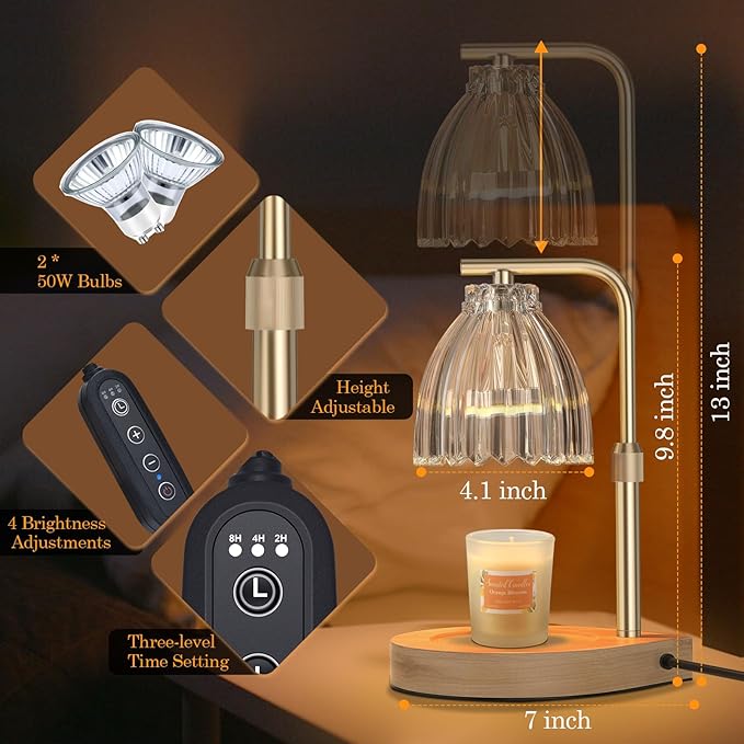 Candle Warmer Lamp with Adjustable Height, Timer & Dimmer, Birthday Gifts for Women, Elegant Gift Box & Greeting Card, Candle Lamp with 2 Bulbs for Home Decor/Bedroom/Office