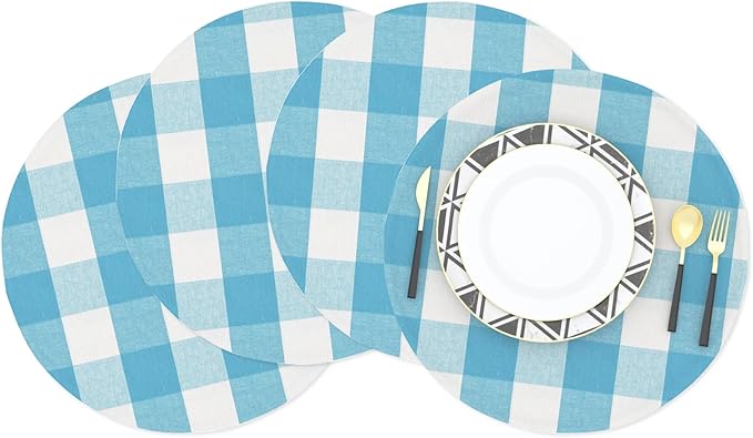 Sky Blue & White Cotton Buffalo Check Round Placemat, Set of 4, 15 Inch eco-Friendly Fabric Handcrafted Machine Washable Indoor & Outdoor Tablemat