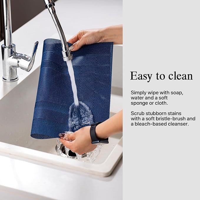 Placemats Set of 12 - Easy Clean Woven Vinyl Placemats for Dining Table, Indoor/Outdoor Place Mats, Washable PVC Table Mats(Navy Cube)