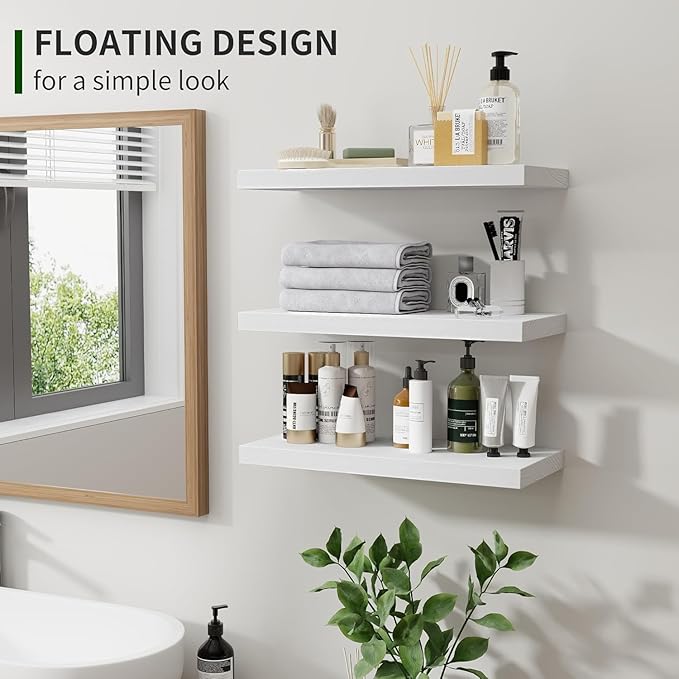 Marsmiles Wood Floating Shelves for Wall Set of 3, 17 Inch Wide Rustic Wooden Floating Shelves, Invisible Wall Mounted Display for Living Room Bedroom Kitchen Bathroom Office, White