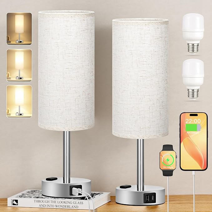 Light Beige Touch Nightstand Lamps Set of 2-3 Way Dimmable Bedside Table Lamps for Bedroom with USB C and A Ports, Small Desk Lamps with AC Outlet for Kids Dorm Nursery