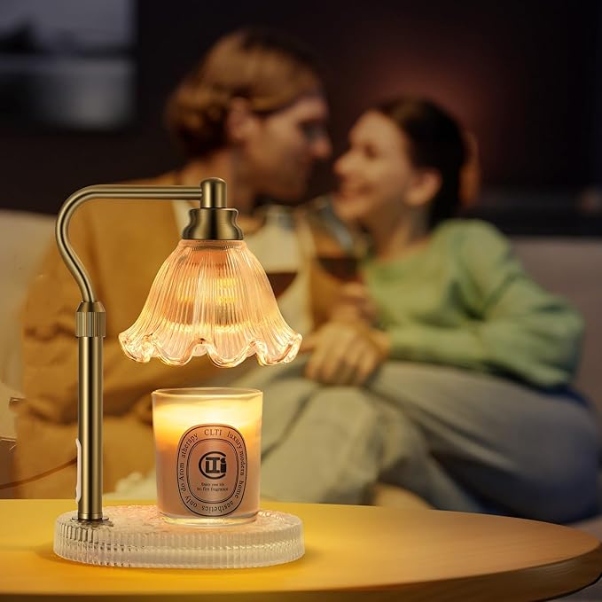 Candle Warmer Lamp with Timer,Electric Candle Warmer,Glass Base with Anti Slip Pads,Dimmable,Adjustable Height,Wax Warmer Lamp,Glass Lampshade,Vintage Home Decor (Flower)
