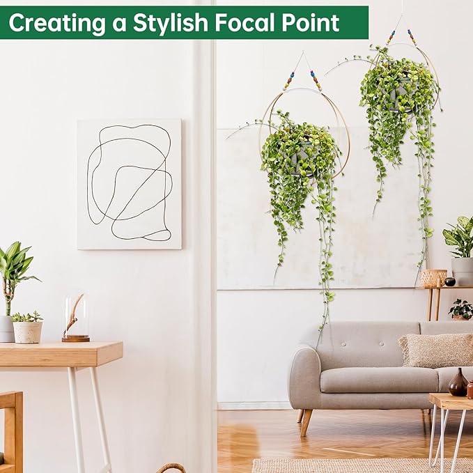 Hanging Planters for Indoor Plants,Plant Hanger with Sturdy Wood Base,Modern Boho Macrame Plant Hanger,Wall Ceiling Window Stands(Plants/Pots Not Included) (1 Pack/Gold+Macrame)
