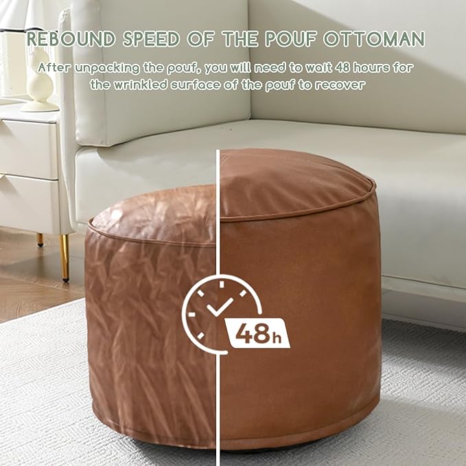 HIGOGOGO Round Stuffed Pouf Ottoman, Pu Leather Poufs with Foam Chunk Filling, Furry and Fluffy Pouf Foot Stool Storage Ottoman, 26 X 18 Floor Poufs Foot Rest for Living Room,Brown