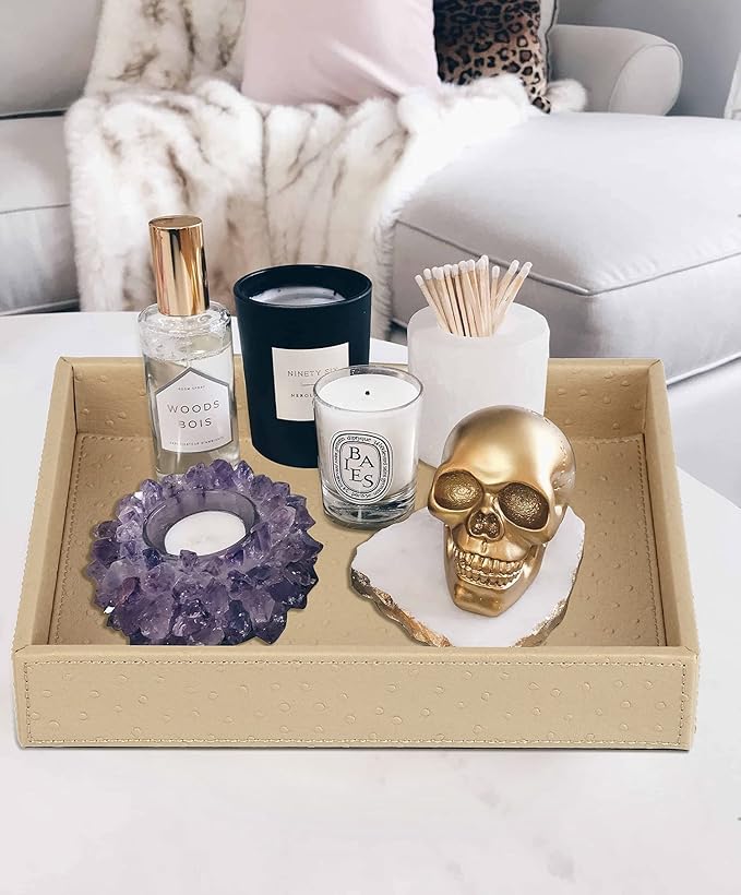 HofferRuffer Faux Leather Vanity Tray, Elegant Desktop Storage Organizer, Decorative Catchall Perfume Tray, Bathroom Valet Tray, Nightstand or Dresser Organizer, 10.2 x 8.4 x 1.8 inches (Beige)