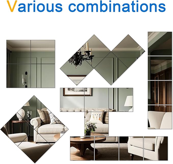 12" x 12" Glass Mirror Tiles for Wall – Frameless Full Length Mirror Wall Mounted, Full Body Mirrors for Bedroom Home Gym Door & Bathroom (4-Pack)