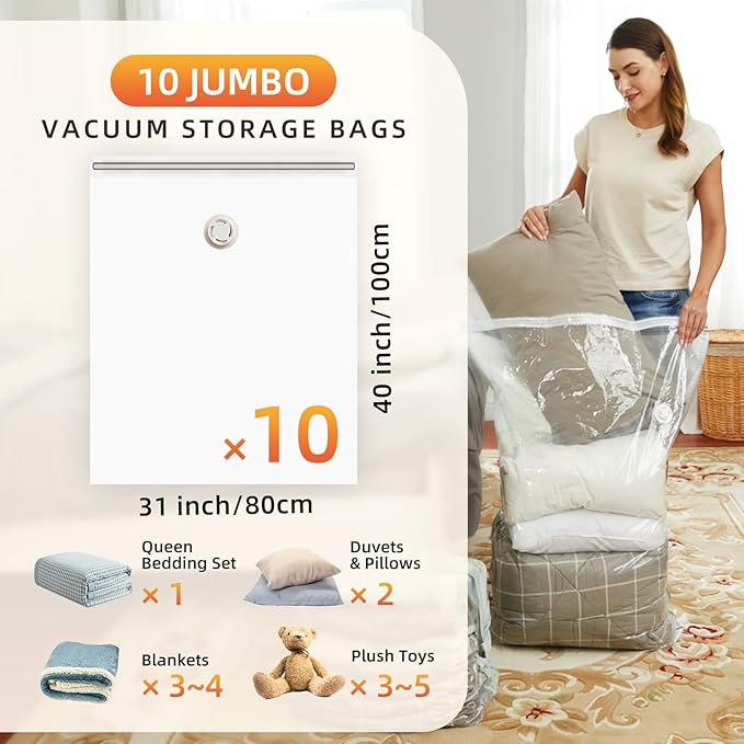TAILI 10 Pack Vacuum Storage Bags, Jumbo Vacuum Seal Bags for Clothing (40x31 Inch), Space Saver for Bulky Bedding, Pillows, Blankets, Large Closet Organization and Storage