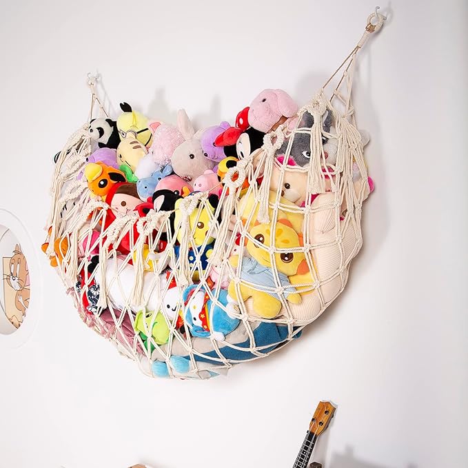 Stuffed Animal Net or Hammock Wall Hanging Net for Stuffed Animal Storage Macrame Toy Display Plush Toy Holder Soft Toy Organizer for Nursery Baby Bedroom Playroom-Cream