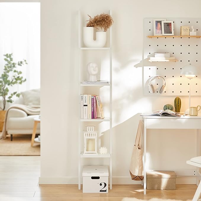 Haotian Ladder Shelves, 4-Tier Storage Display Organizer Rack, Wall-Leaning Bookshelf, Wooden Wall Shelf for Bathroom Living Room Study Room, White FRG15-W