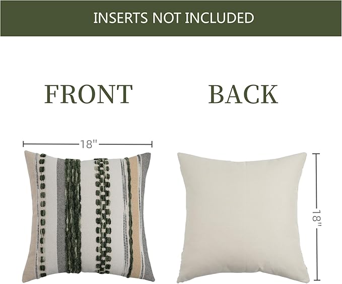 Boho Pillow Covers 18x18 Set of 2 for Couch-Modern Farmhouse Sofa Green Decorative Throw Pillow Covers Textured Chenille Cushion Covers Outdoor Netural Bohemian Bed Pillow Cases Square