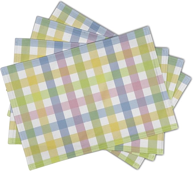 Spring Easter Placemats Set of 4 Linen Colorful Plaid Pink Green Place Mat Washable Non-Slip Heat Resistant 12×18 Inch Thick Place Mats Decorative Fabric Table Mat for Dining Table