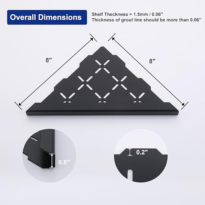 8" Corner Shower Shelf, 2-Pack Shower Shelves SUS304 Stainless Steel Bathroom Shelves for Tile Walls, Recessed Corner Shelf Organizer Rack, No Drilling (Matte Black)