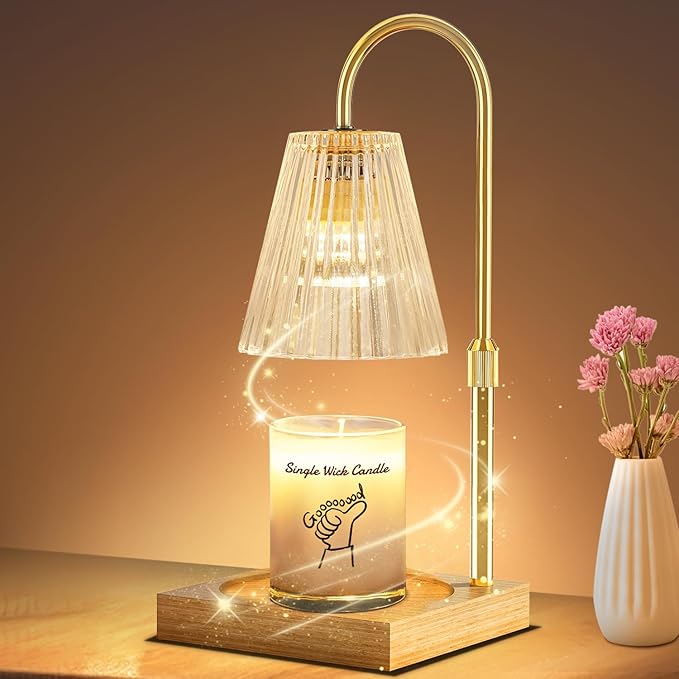 Candle Warmer Lamp with Timer - Upgraded Wax Warmer Lamp with Dimmable, Adjustable Height - Electric Candle Burner for Any Size Jar, Ideal Gift (Bulbs Included), Clear Amber