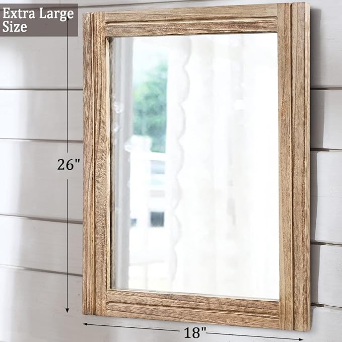 AAZZKANG Rustic Mirror for Wall with Rectangle Wood Framed Decorative Hanging Mirrorrs Large 26"x18"for Bedroom Bathroom Living Room Dressing Room