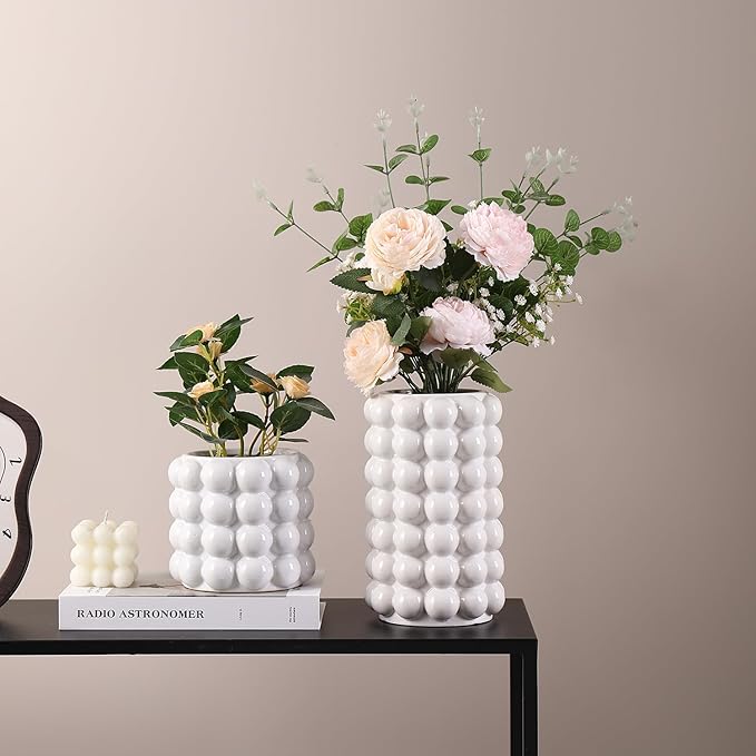 Bubble Vases, Set of 2 White Ceramic Vases, Short Vases, Ceramic Flower Vases, Unique Vases, Tall Bubble Vases for Coffe Table Decor, Decorative Vases for Living Room, Dining Table, Wedding