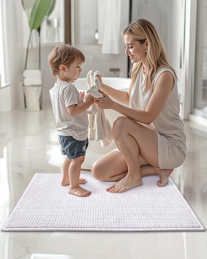 Color&Geometry Chenille Pile Small Bathroom Rugs Upgraded Denser, 16"x24" Non Slip Absorbent White Bath Mats for Bathroom Thin Fit Under Door, Washable Quick Dry