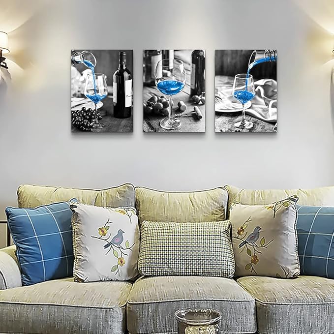 Canvas Wall Art For Kitchen Wall Decor For Dining Room Black And White Wine Glasses Painting Modern Blue Wine Canvas Art Prints Ready To Hang Pictures For Restaurant Home Decorations 16"X24" 3 Pieces