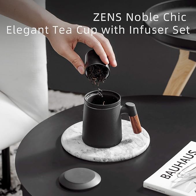 ZENS Tea Cup with Infuser and Lid for Loose Leaf Tea Steeper, 12oz Black Tea Mug with Fine Tea Strainers for Hot Tea Diffusers, Wood Handle Ceramic Tea Mugs Accessories for Tea Lovers Gifts