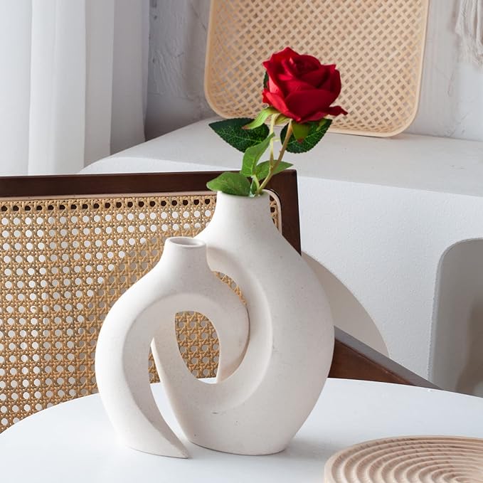 Off White Hollow Ceramic Vase Set of 2, Round Modern Vase for Nordic Minimalist Book Style Shelf Decor, Donut Boho Aesthetic Vases for Trendy Home Living Room Entryway Coffee Table Decorative