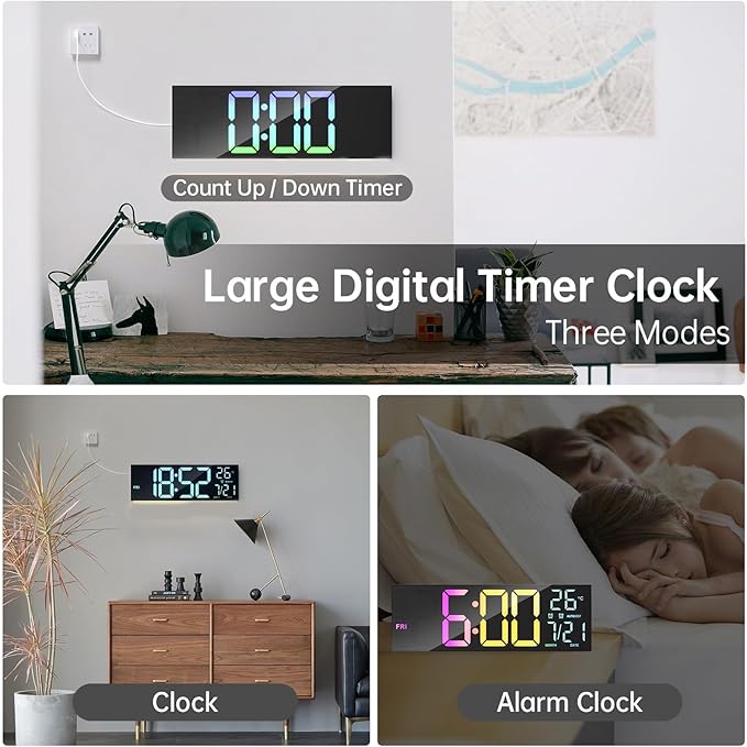 MEISD Digital Wall Clock, 13" Large Display Alarm Clock with Remote Control, RGB Colors, Dual Alarm, Auto-Dimming,Digital Clock with Night Light, Auto DST, Date Week,Gift for Elderly