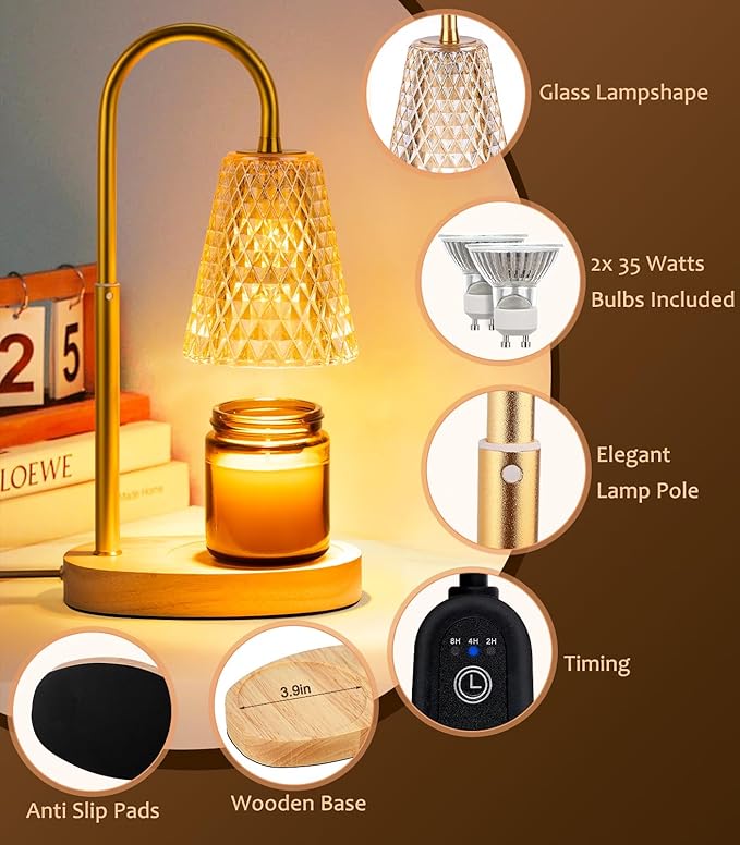 Candles Warmers Lamps with Timer - Electric Candle Wax Warmer Lamp for Jar Candles Burner Dimmable Light No Flame Scented Warming Adjustable Height