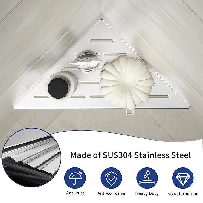 Corner Shower Shelf 10" Brushed 304 Stainless Steel Slot Design Recessed Corner Shelf Bathroom Shelf Rack for Tiled Wall