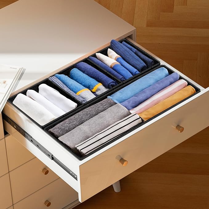 Drawer Organizer, Cube Baskets for Storage Shelves, Handmade Small Woven Basket, Shallow Storage Bins for Organizing Desk, Dresser, Kitchen, Pantry, Nested 7 Pack, Black