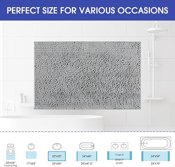 ACCUMTEK Striped Light Grey Bathroom Rug Mat 70"x24" Ultra Soft, Non Slip Chenille Bath Rugs, Absorbent Plush Shaggy Bath Mats for Bathroom, Bedroom, Kitchen, Shower, Tub,Light Gray