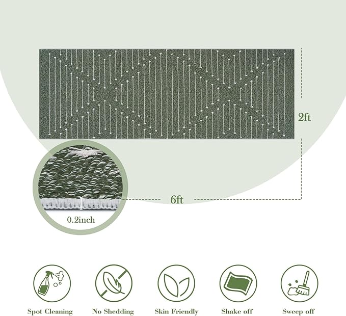 LIVEBOX Green Runner Washable Rug 2'x6', Boho Long Hallway Runner Rugs, Moroccan Woven Kitchen Runners, Entryway Throw Rug Indoor Cotton Mat for Bedroom Laundry Bathroom(Green & White)