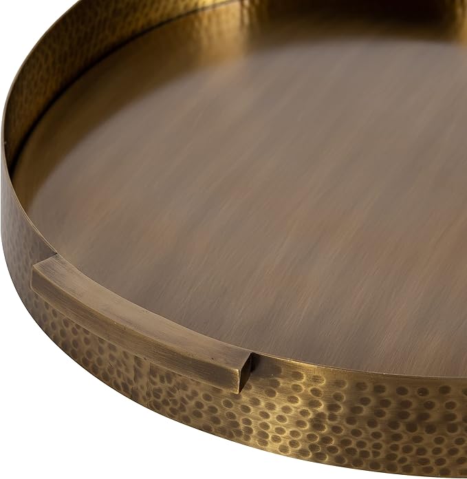 Kate and Laurel Samana Modern Glam Round Metal Tray, 17 Inch Diameter, Antique Brass, Circular Polished Decorative Tray with Hammered Surface and Minimalist Handles