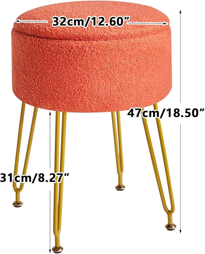 IBUYKE Teddy Velvet Storage Footrest Stool Ottoman, Makeup Vanity Stool Side Table with Removable Cover, Golden Steel Legs, Coffee Table Top Cover, Orange WBD010J
